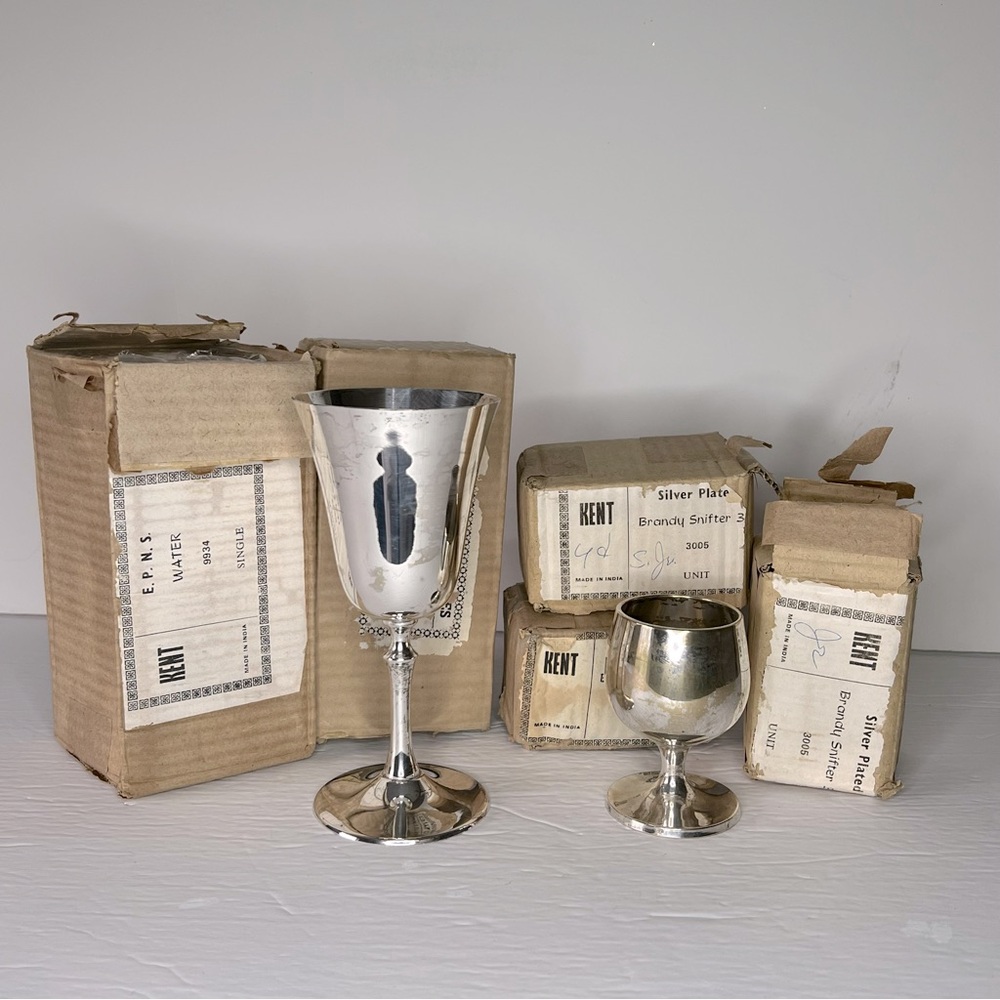 Vintage Kent Silver Plated Lot Of 3 Goblet & 4 Brandy Sifters Some NIB Patina